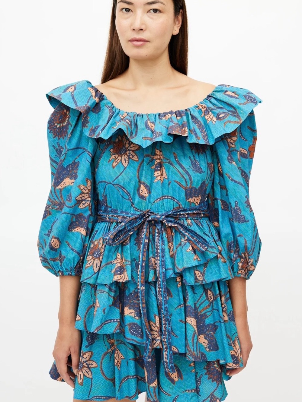 Ulla Johnson Turquoise Floral Ruffle Mini Dress